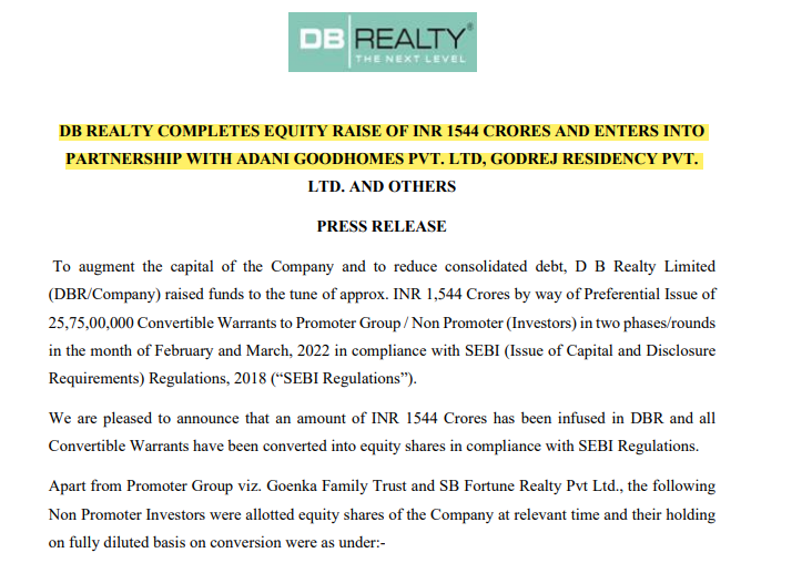 #DBRealty completes equity raise of 1544 Cr and enters into Partnership with #Adani Goodhomes

#BharatExpressBazaar