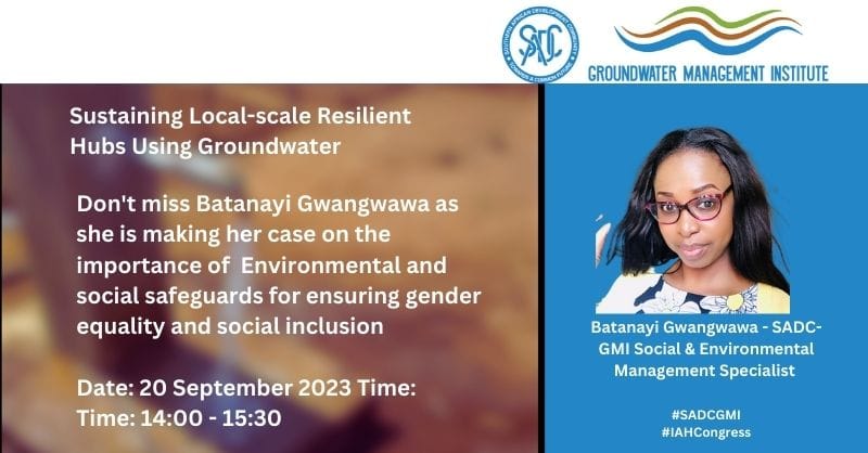 sadc_gmi's tweet photo. Join Ms Batanayi Gwangwawa as she presents the importance of Envoronmental and Social safeguards when implementing groundwater projects #SADCGMI #iahCongress #iahgroundwater https://t.co/90lBAjO9ym