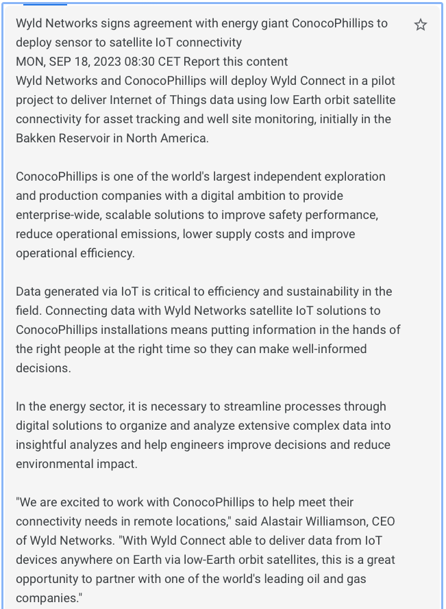 iotboom's tweet photo. @Ternplc portfolio company @WyldNetworks (listed on Swedish Nasdaq) working with ConocoPhillips. Original and Translation attached. #iot #Wyld #Tern #LoRaWAN

https://t.co/TiQWv2B3Mo https://t.co/9ZbsXKr8DY