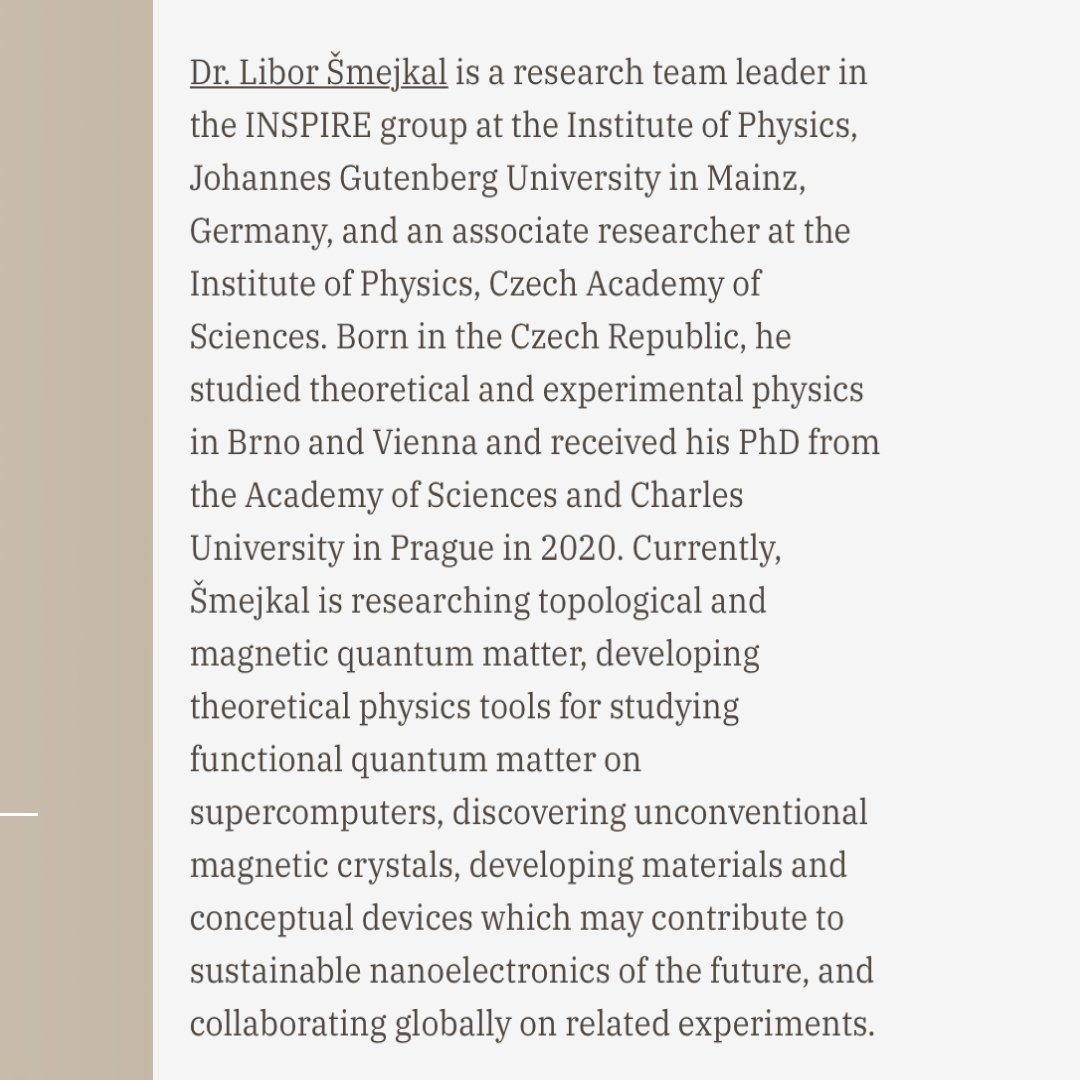 👏🏼 Congratulations to Libor Šmejkal, <a href="/uni_mainz/">Universität Mainz</a>, this year's #FallingWalls #ScienceBreakthrough in #PhysicalSciences! His research is breaking the wall to magnetic quantum matter and has transformative implications, particularly in the realm of advanced electronics.