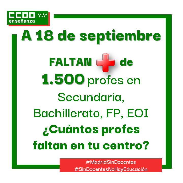 CCOOEducaMa's tweet photo. 🗓️A 18 de septiembre
¿Cuántos profes faltan en tu centro?
Abrimos 🧶en X👇🏽