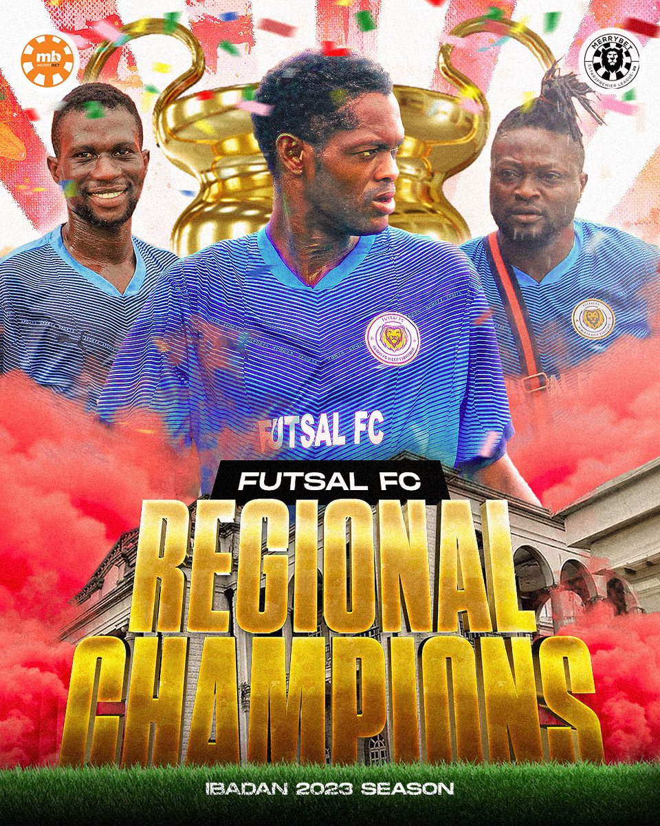 After intense weeks of LIVE match days. We now have the CHAMPIONS in Ibadan!!

FUTSAL FC are the Regional Champions in Ibadan of the Merrybet5stars Premier League 2023 !! They will be in Lagos to battle for the National Championship. ✈️ 

This is....where champions play !! 🧡⚽️
