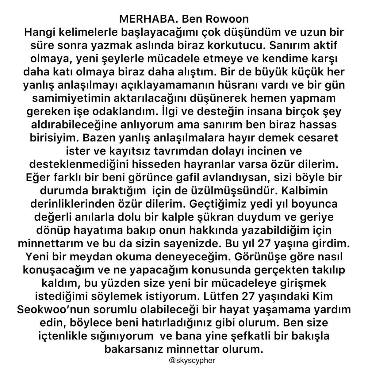 Rowoon’un kendi hayatıyla aldığı kararla ilgili hayranlarına yazdığı mektup 💜💜 27 yaşındaki Kim Seokwoo oyunculuk hayatına ve kişisel aktivitelerine daha çok devam edecek 

#Rowoon #Sf9
