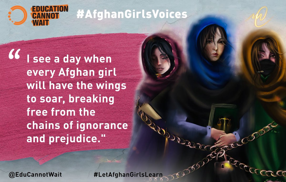 'I see a day when every Afghan girl will have wings to soar, breaking free from the chains of ignorance & prejudice.'

@EduCannotWait's #AfghanGirlsVoices shine a ✨on young Afghan girls deprived of their basic right to education.

Read their testimonies⬇️
bit.ly/afghangirlsvoi…