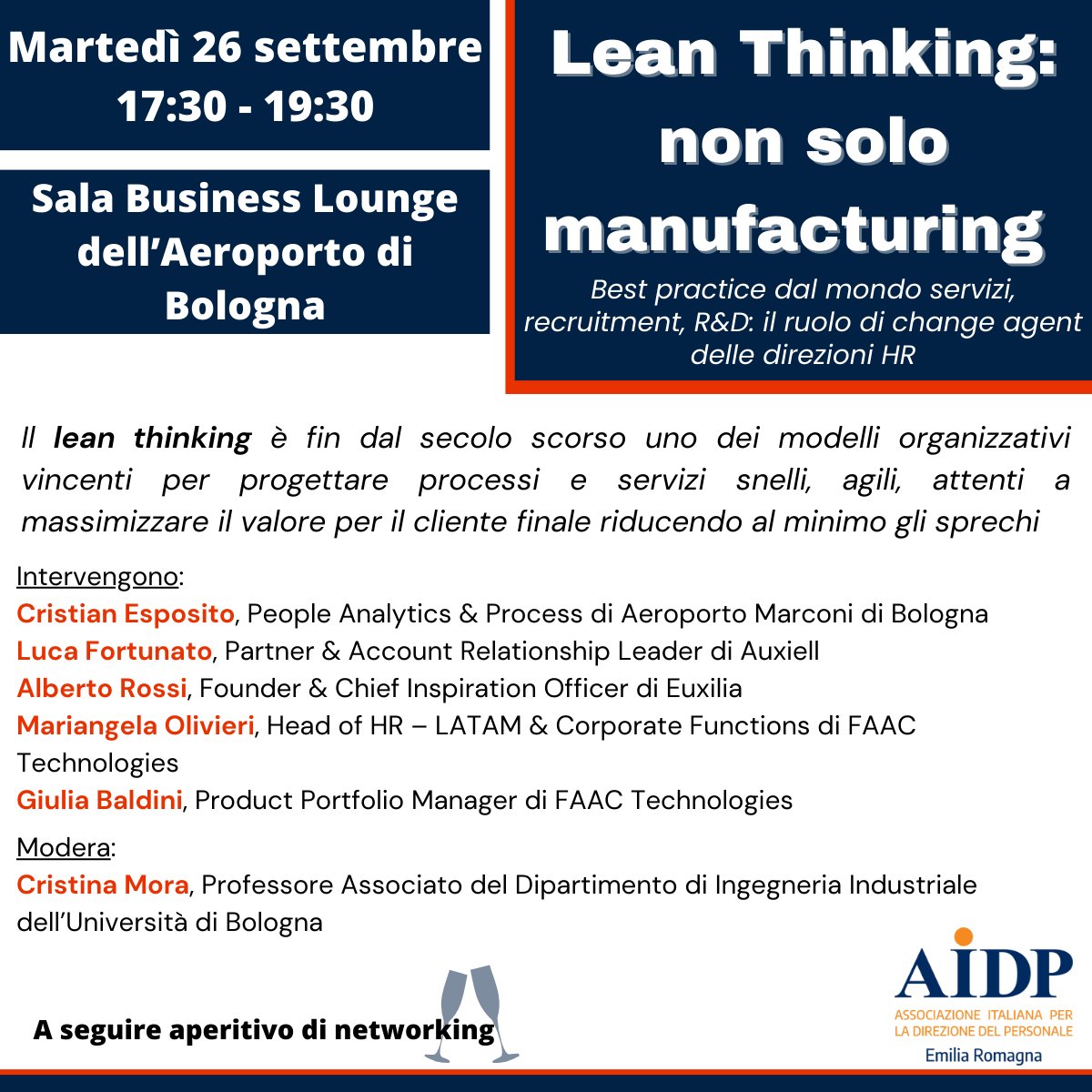 📌 Lean Thinking: non solo manufacturing 📌
Best practice dal mondo servizi, recruitment, R&amp;D: il ruolo di change agent delle direzioni HR

📅 Martedì 26 settembre
🕔 ore 17:30
📍 presso la Sala Business Lounge dell’Aeroporto di Bologna

Iscriviti qui 👉🏻 aidp.it/events/lean-hr…