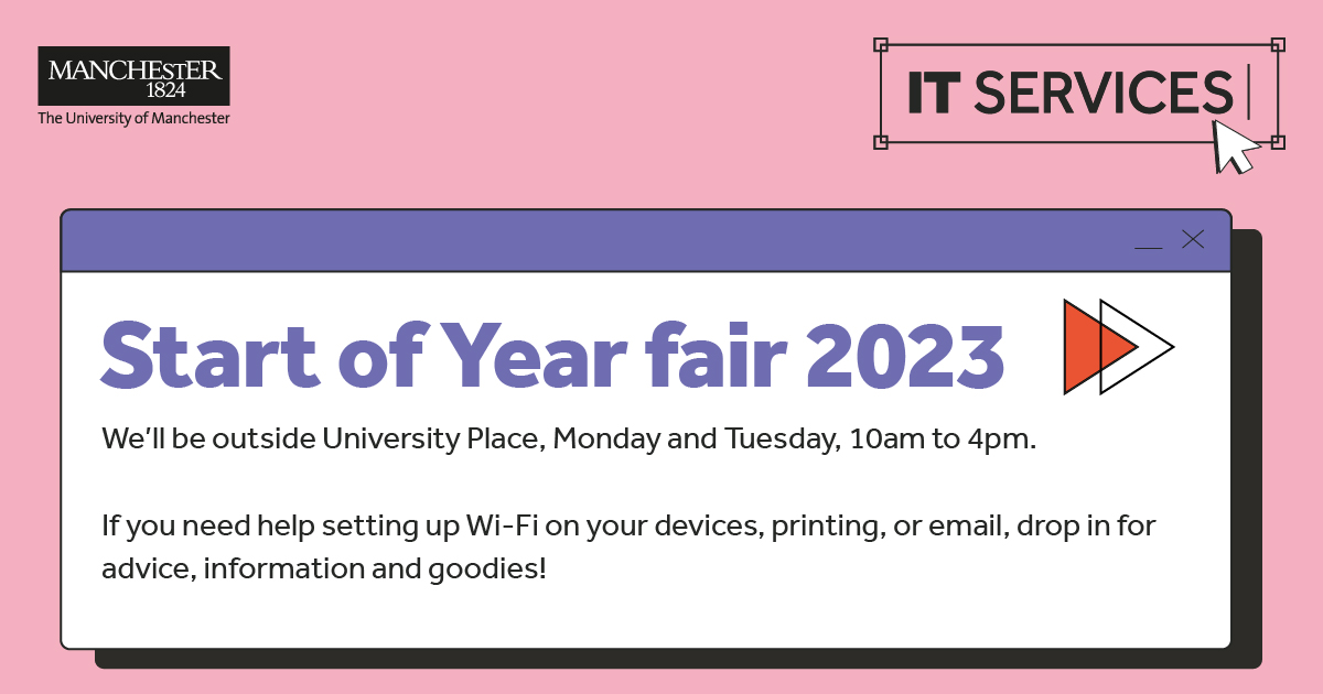UoM_ITS's tweet photo. We’re looking forward to the #StartofYear fair today! We’ll be at University Place from 10am-4pm, with information about setting up Wi-Fi on your devices, printing, email, and lots more. #UoM_ITS #WelcomeWeek #HelloUoM https://t.co/nWxPmOnqIf