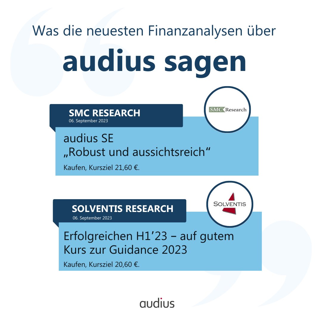 audius_group's tweet photo. Neueste Empfehlungen für #audiusgroup aus dem Halbjahresbericht:

✅ #SMCResearch: „Robust und aussichtsreich“
✅  #Solventis: „Erfolgreichen H1’23 – auf gutem Kurs zur Guidance 2023“

Hier die Berichte zur #audiusaktie ➡️  https://t.co/9QfEksODdj https://t.co/0bx9SdLiVU