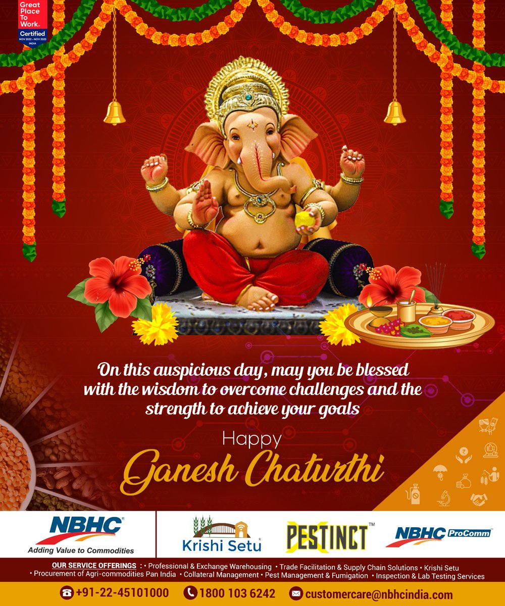 nbhcindia's tweet photo. Wishing you and your dear ones a joyous #GaneshChaturthiCelebration! #GaneshChaturthi embodies the essence of #newbeginnings, #conqueringchallenges, and embracing a #positiveoutlook, transcending beyond a festival.Β
#ONENBHC #agritech #GanpatiBappaMorya #festivevibes #LordGanesha https://t.co/xaRTQcR5cV