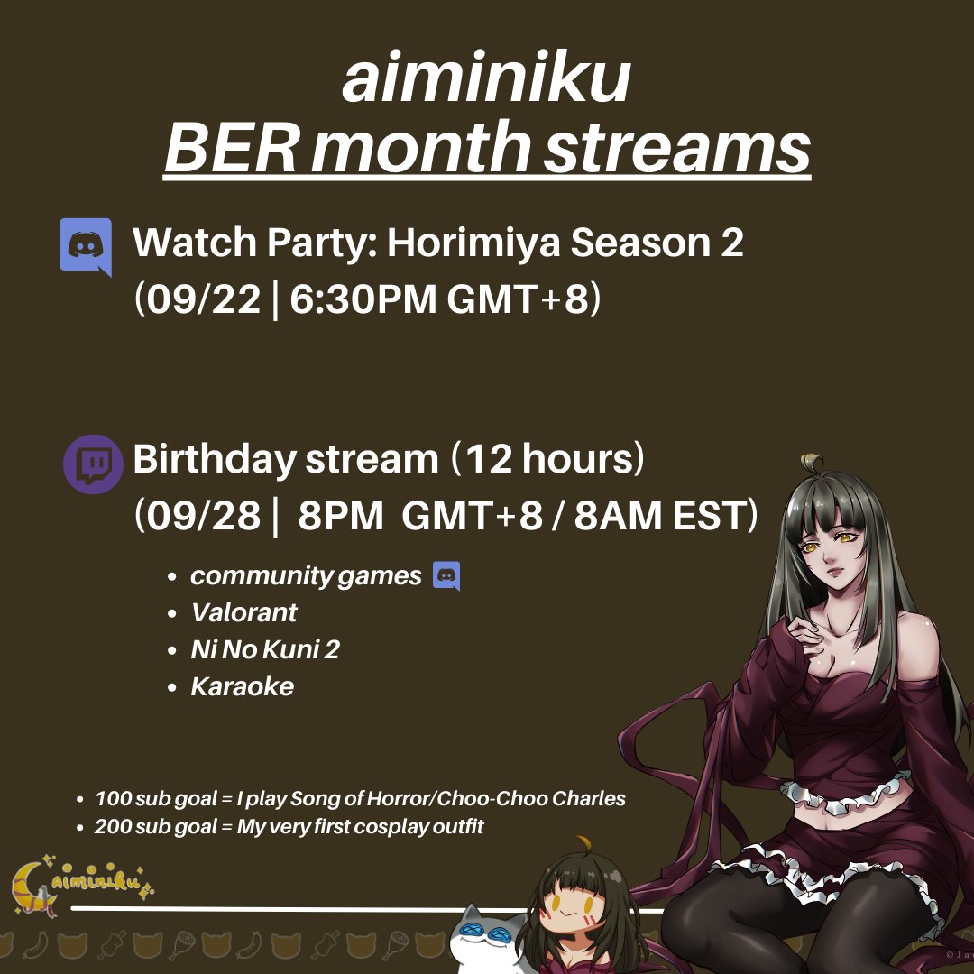 aiminiku's tweet image. It's finally happening!!

I'm doing a 12-hour birthday stream the night before my birthday (be there by midnight!!!) 🤠

I'll also be having a watch party this weekend. Join my discord server if anyone's interested :P (links below)
#streamergirl #WatchParty #birthday