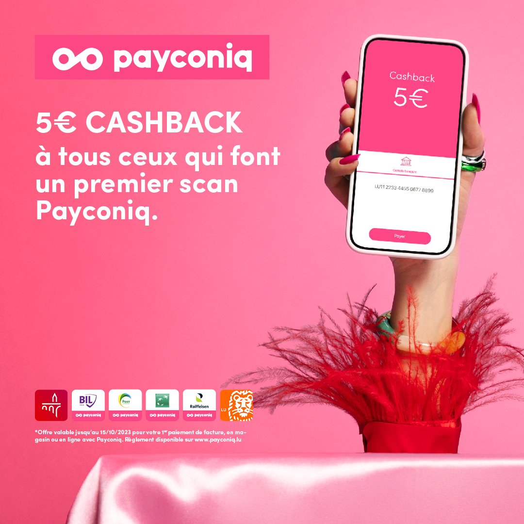 5€ CASHBACK.. ⚡ sur votre premier paiement Payconiq jusqu'au 15 octobre ! ⚠ Valable uniquement pour votre premier paiement de facture, en magasin ou en ligne. Plus d'info : payconiq.lu/fr/cashback/ #cashback #campaign #payconiq