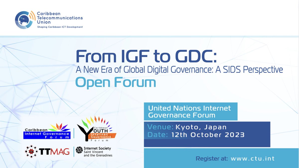 For the first time, the CTU will host an Open Forum at the #UNIGF - bit.ly/467deR8

12th October 2023
09:45 to 11:15 (JST) (GMT +9)

The Forum aims to share experiences, discuss global #digitaleconomy #inequality, align with UN #SDGs, and prepare proposals for the #GDC.