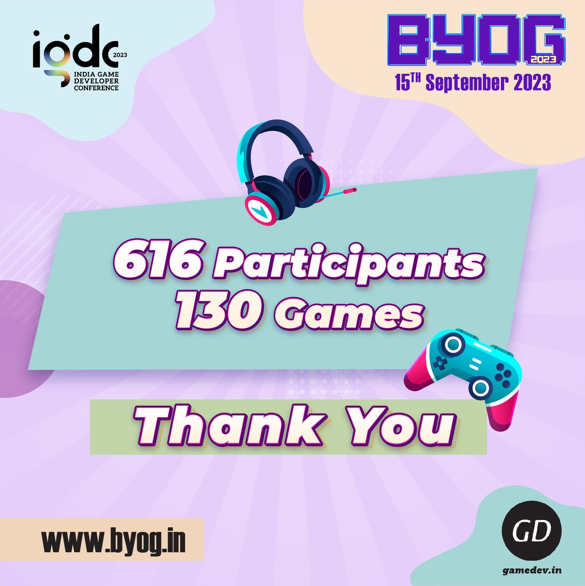 gamedev_india's tweet photo. BYOG 2023 is a wrap 🎉 

616 Jammers, 130 Games, 48 hours.  

Thank you for making this jam an awesome success! Congratulations to all of the jammers &amp; stay tuned for the livestreams 😎 

#byog #igdc #gamedev #gamejam https://t.co/xxawK5XlyP