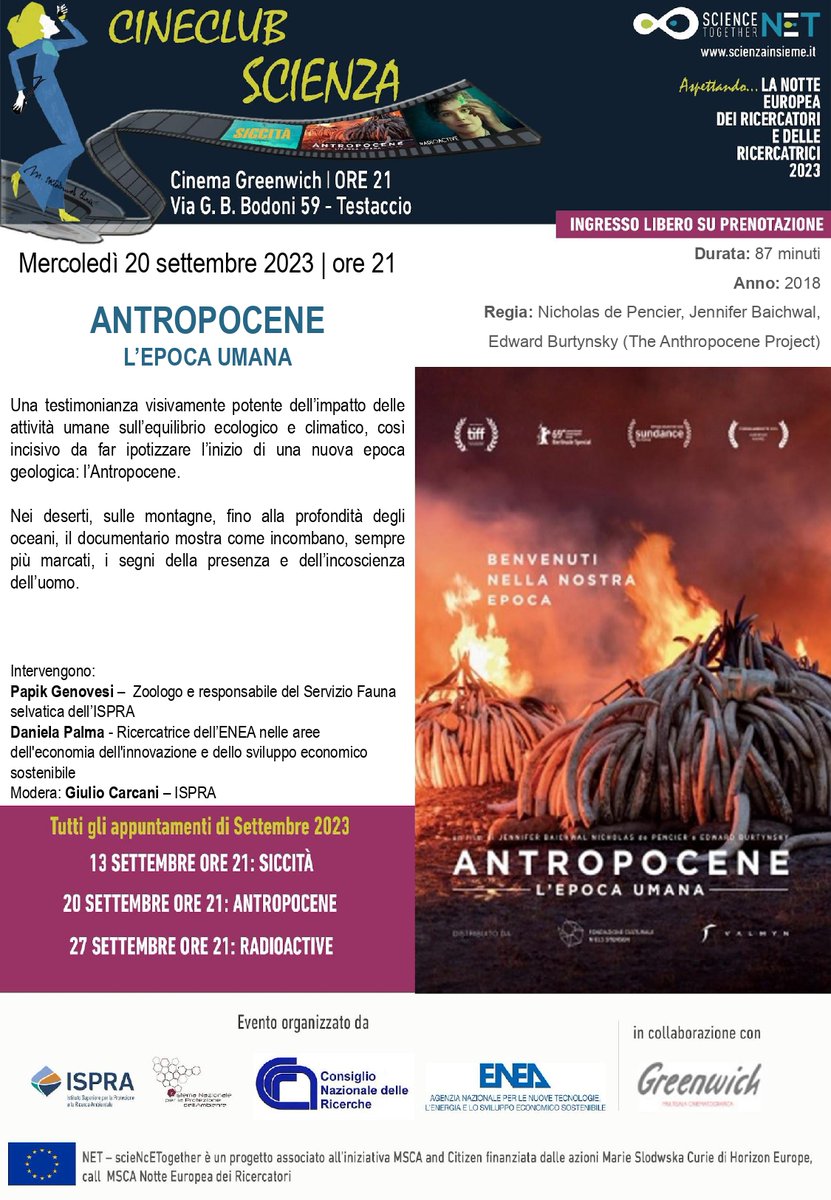 ENEAOfficial's tweet photo. 🎬 Cineclub Scienza

📅 Mercoledì 20/09 "Antropocene – L’epoca Umana": 

👉 https://t.co/Fyy5Ljds9J

@ScienzaInsieme #NotteEuroepeadeiRicercatori #ERN23 #NETscience @ISPRA_Press @CNRsocial_
@mediainaf #ERNItaly #NET23 #scienzainsieme https://t.co/IhRJGCJwc0