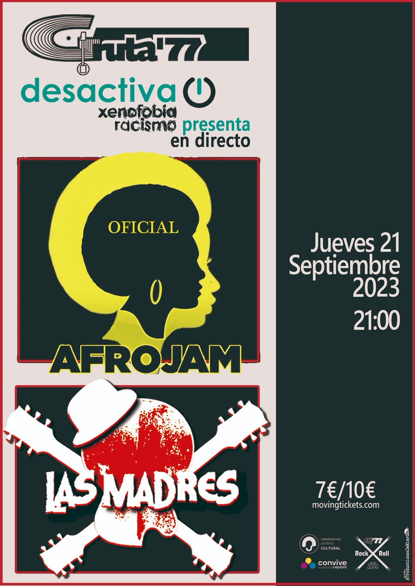gruta77madrid's tweet photo. 21-09: RutaDesactiva con #AfroJamOficial y @MadresLas
22-09: #ToninoCarotone y #SantiCañete
23-09: #TheElevators homenajean a #RoryErickson y #LesEnchufes
24-09: #RadioClash en homenaje a #TheClash; aperitivo
Más info.: https://t.co/xt2Bl1ccFB
#Musica #Cultura en #Carabanchel https://t.co/yDdePBl8YS