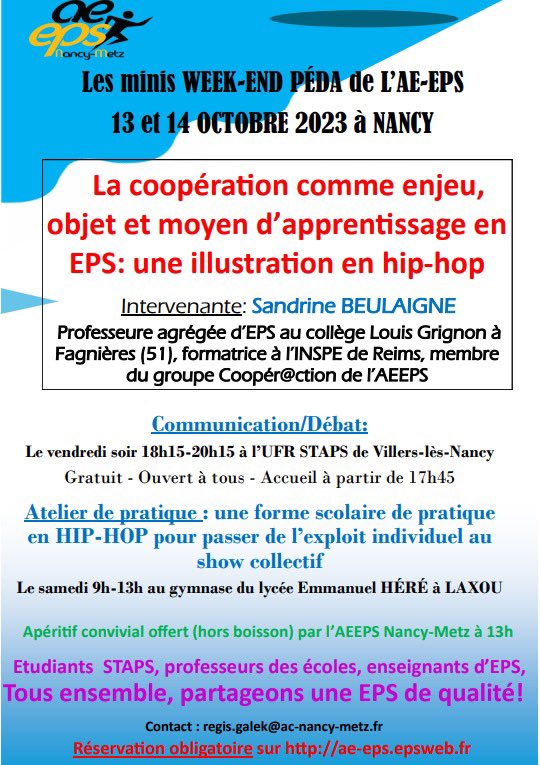 🚨 1er week-end pédagogique pour l’AE-EPS Nancy-Metz🚨
📆 Le vendredi 13 à l’UFR STAPS pour la partie communication/débat
📆 Le samedi 14 au gymnase Emmanuel Héré à Laxou pour l’atelier de pratique
⚠️ Réservation obligatoire ! (Lien en bio)