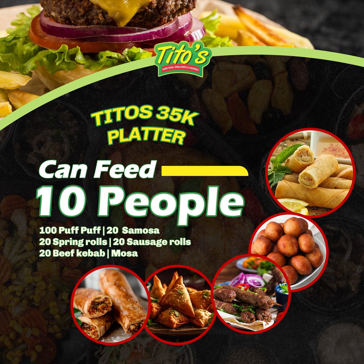 TITOSchops's tweet photo. 35k platter can feed 10people!
You’ll get;
20  Spring-rolls
20  sausage rolls 
20  Beef kebabs 
20  Samosa
100  Puff puff
Mosa 

Great taste for you!!

Place orders:
Call/WhatsApp 08020630479

Delivery available!!
📍Area 8, 18 Abeokuta st,Garki,Abuja https://t.co/y8R8kW4Vpd