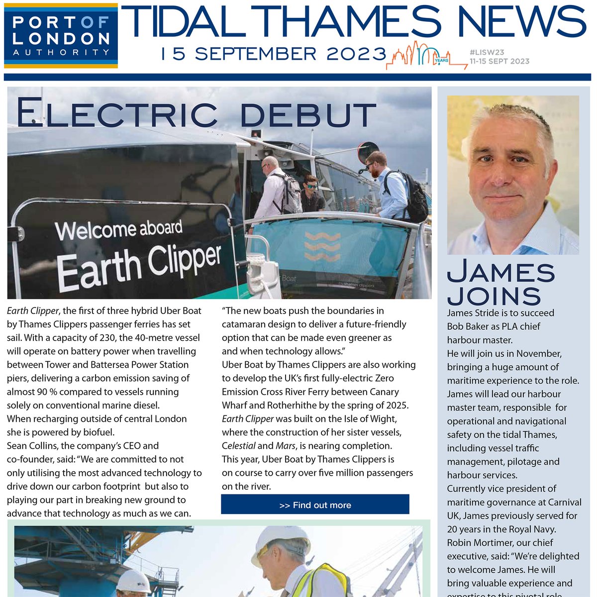 In the #PortOfLondon: Uber Boat by @thamesclippers launches hybrid Earth Clipper; @TateLyleSugars Thames Refinery tariff-free shipment of sugar from Australia; Bridge Watch aims to make the Thames safer for everyone; @RNLI's monthly lifejacket clinics hubs.la/Q022p37k0