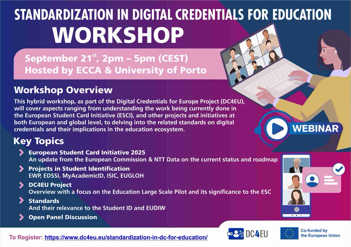 Don't miss our 'Standardization in Digital Credentials for Education Workshop' organised by #DC4EU partner #ECCA this Thursday to learn about #standards on #digitalcredentials and their implications for the #educationecosystem and #EUDIW. Register here: dc4eu.eu/standardizatio…