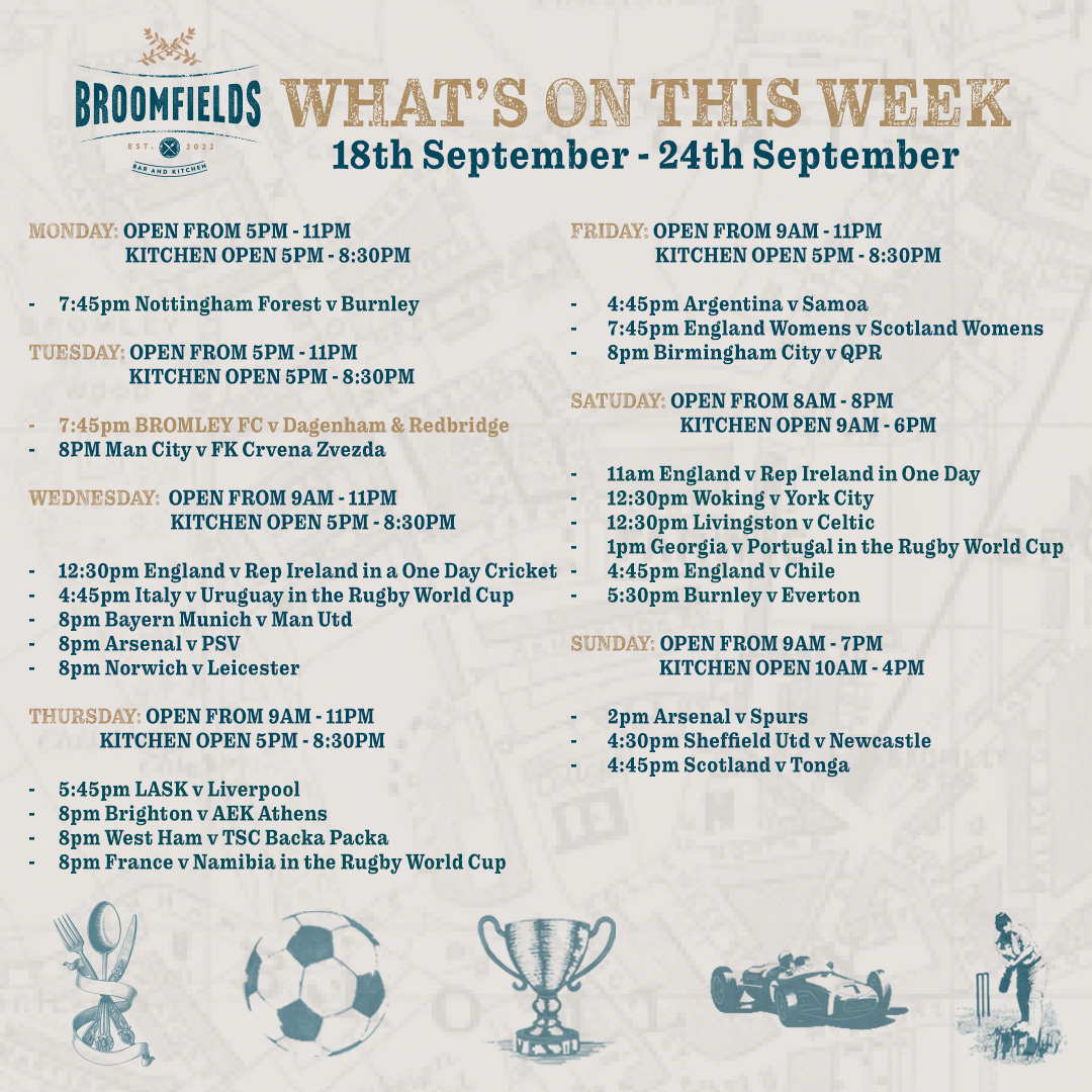 BroomfieldsBR2's tweet photo. 𝗪𝗵𝗮𝘁 𝗪𝗲 𝗛𝗮𝘃𝗲 𝗢𝗻 𝗧𝗵𝗶𝘀 𝗪𝗲𝗲𝗸
- Premier League✅
- Bromley FC Beamback✅
- Champions League✅
- Europa League✅
- North London Derby✅
- Rugby World Cup✅
#hellobroomfields #livesports #leaguefootball #LiveFOOTBALLTV #RugbyWorldCup2023 https://t.co/fobxGN3JUH