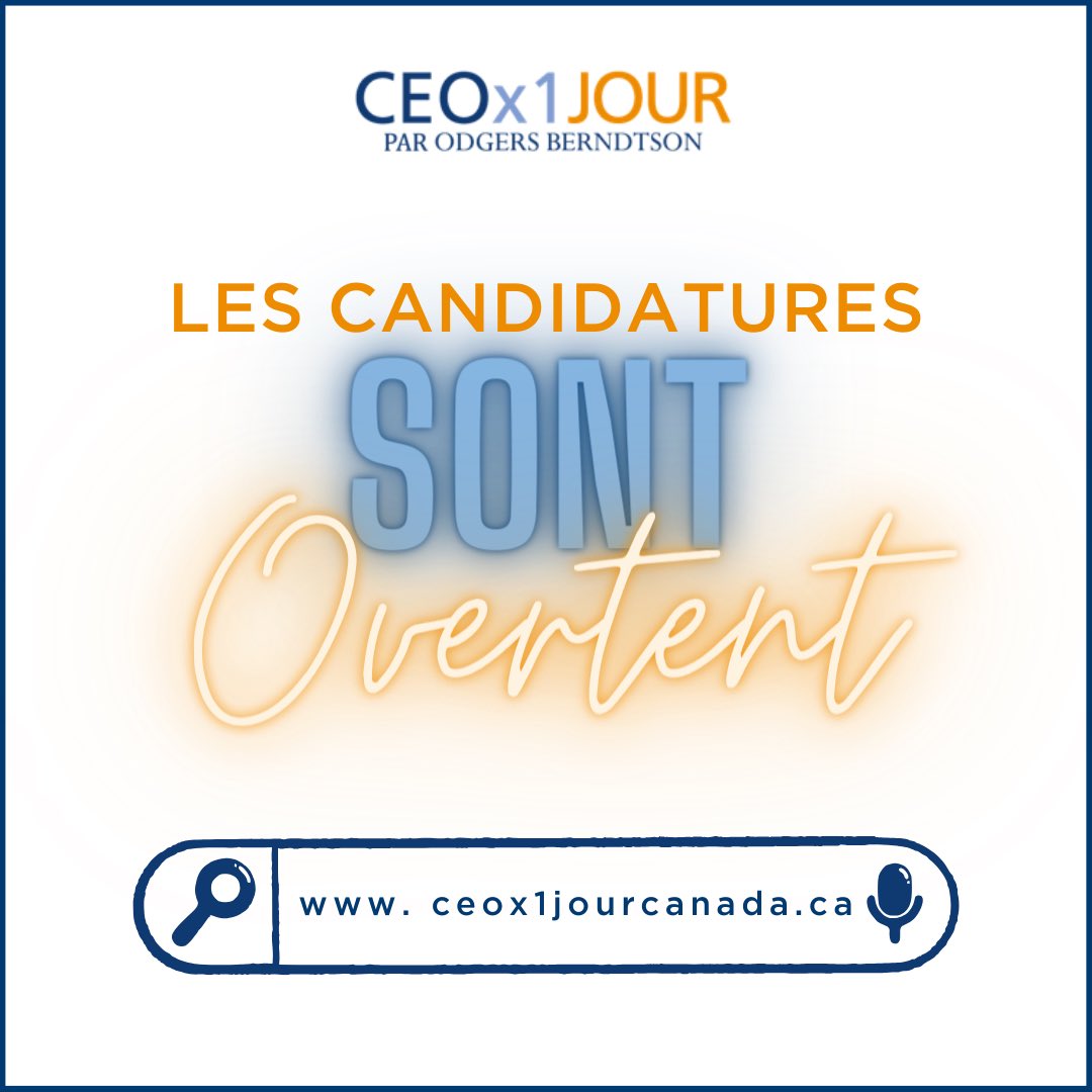 CEOx1Day (@ceox1day) on Twitter photo Les candidatures de #CEOx1Jour sont ouvertes ! Postulez dès aujourd’hui à CEOx1JourCanada.ca. Si vous avez des questions, envoyez-nous un courriel à ceox1day.canada@odgersberndtson.com. Les candidatures de #CEOx1Jour sont ouvertes ! Postulez dès aujourd’hui à CEOx1JourCanada.ca. Si vous avez des questions, envoyez-nous un courriel à ceox1day.canada@odgersberndtson.com.