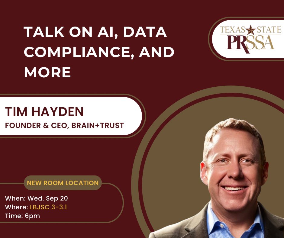 Join us this Wednesday at 6pm for our first guest speaker of the semester as we welcome Founder and CEO of Brain+Trust Tim Hayden. 
‼️Our meeting room as changed to LBJSC 3-3.1 until further notice