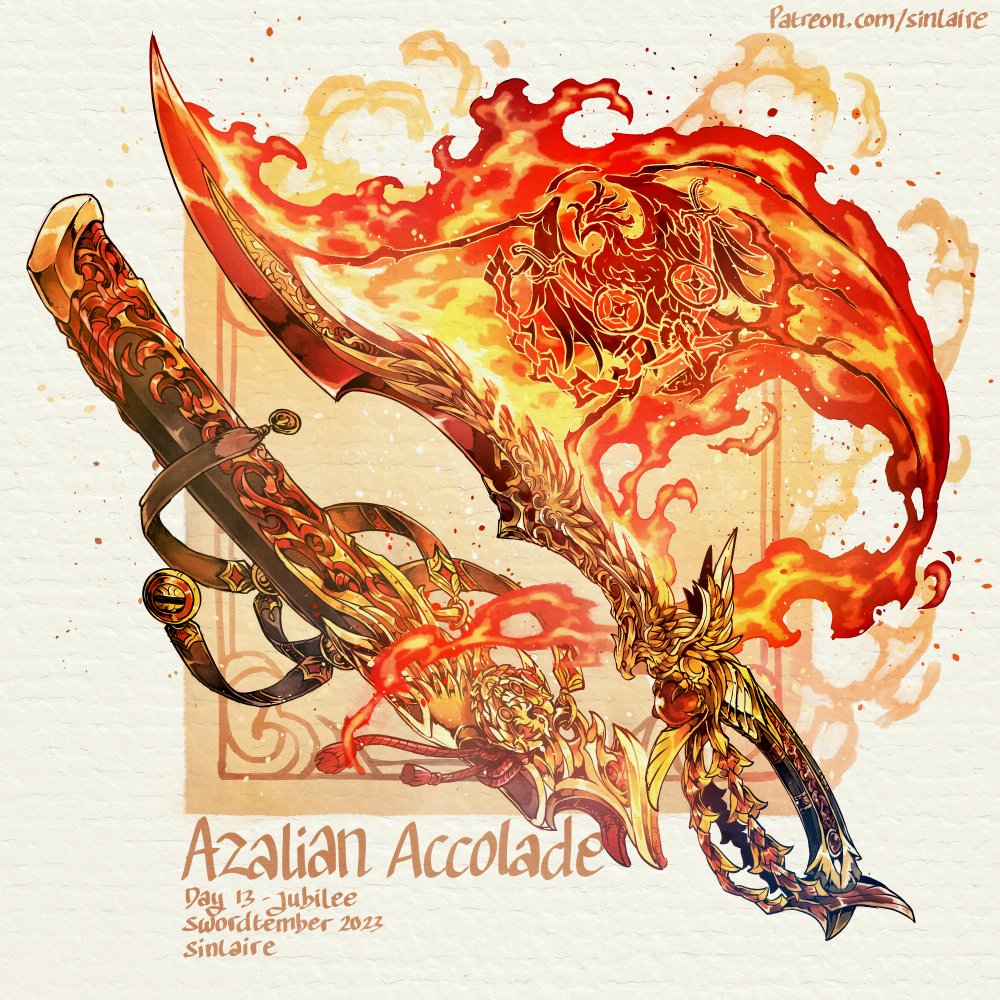 #swordtember Day 13 - Jubilee Azalian Accolade A legendary scimitar forged from the ashes of Su'aharaja, an immortal primordial fire elemental. It's brandished by all Azalian monarchs during their coronation Hi-res images, stat and card available on Patreon #Swordtember2023