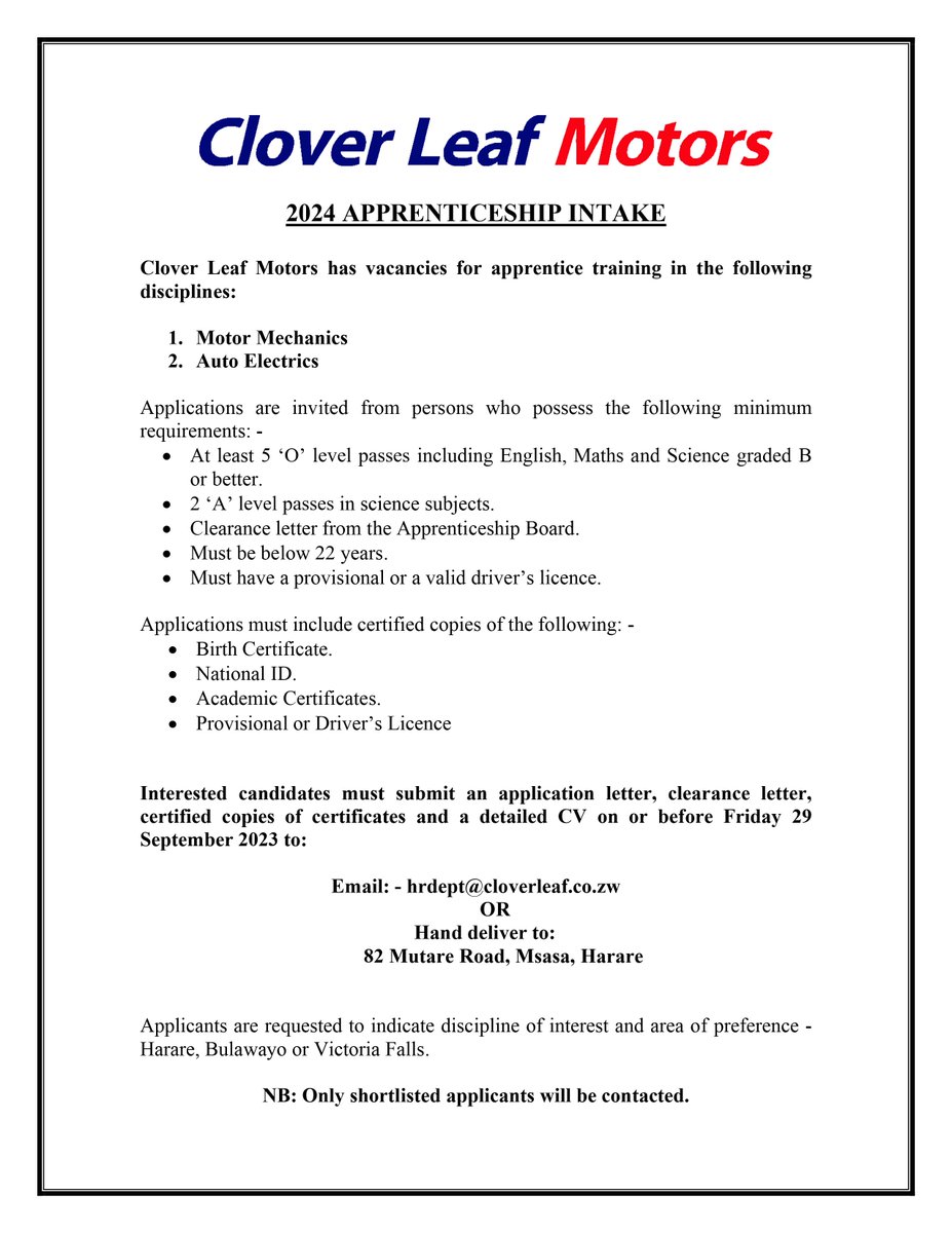 EicherClover's tweet photo. Qualified candidates are encouraged to apply for the apprenticeship intake vacancies that have arisen within the organization.
#cloverleafeichertractors #cloverleafmotors https://t.co/oPLiRx6Qt6