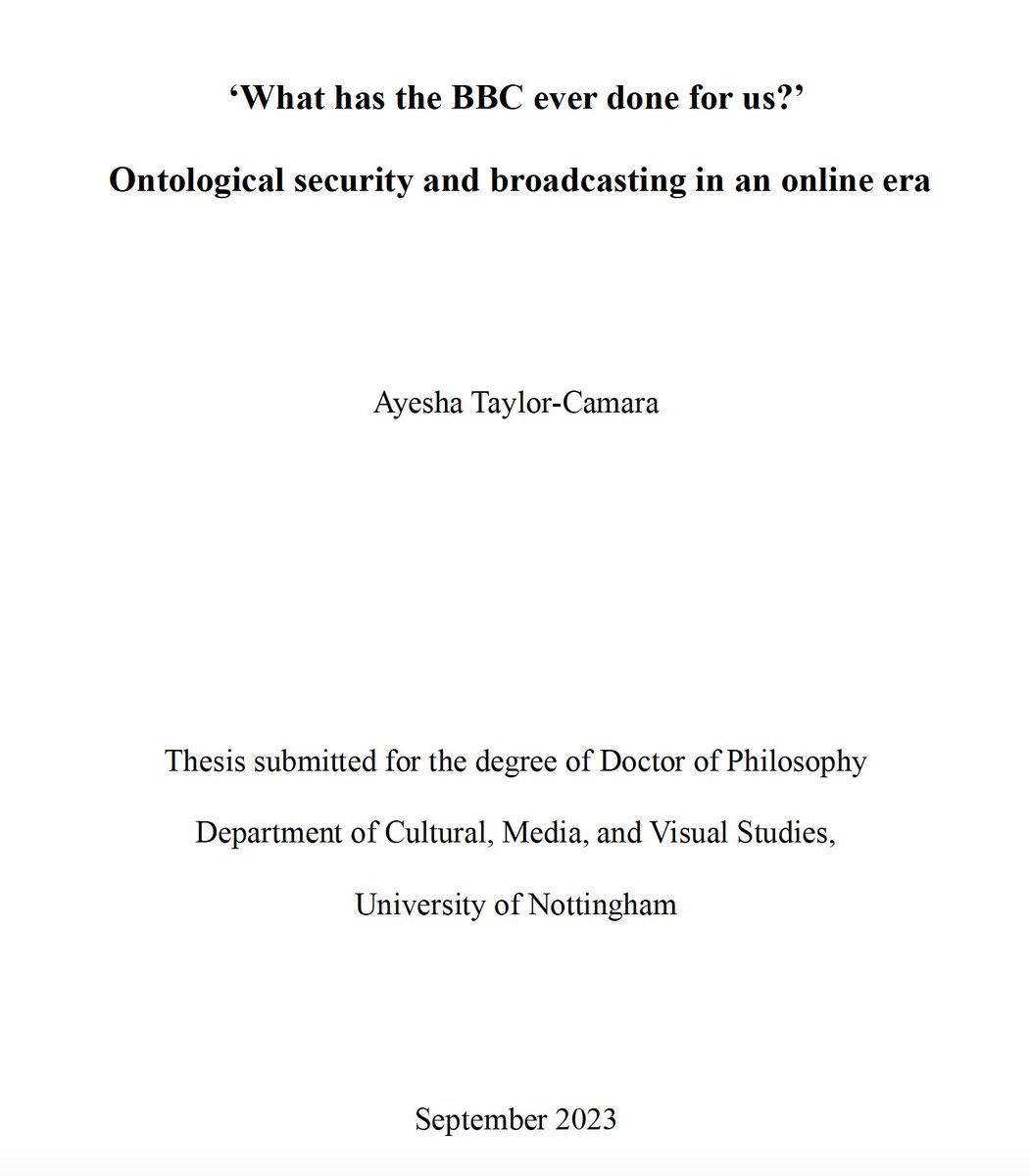 Ayesha_Aaliyah's tweet photo. I FINALLY SUBMITTED MY PHD THESIS! ‘What has the BBC ever done for us?’

This week, six years ago, I started my PhD @UniofNottingham 

My thesis looks at delivering value during the COVID-19 pandemic, balancing diversity and impartiality, and retaining BBC Three’s youth audience https://t.co/Tgd20BDXSc