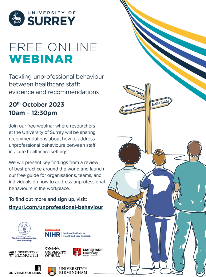 _HSMCentre's tweet photo. 📢FREE WEBINAR to discuss key findings from an @NIHRresearch  Unprofessional Behaviour research project hosted by @UniOfSurrey.
Details below 👇
https://t.co/c7bS6JNR13 https://t.co/GnbHS99otY