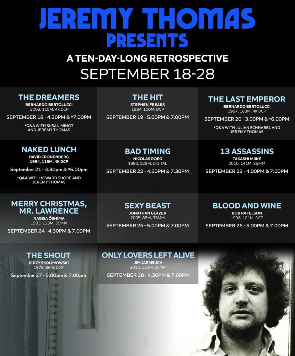 JEREMY THOMAS PRESENTS starts today! See the bold and daring films of legendary film producer Jeremy Thomas. Program features new 4K restorations of THE DREAMERS &amp; NAKED LUNCH, select #35mm prints, and special guests (inc. Jeremy Thomas himself!). 🎟️: bit.ly/JeremyThomasPr….