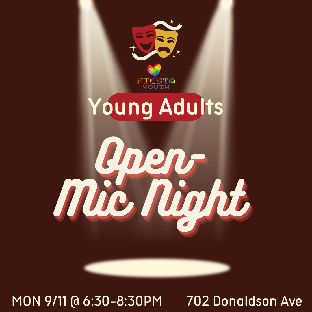 Are you 18-22, out of high school, and looking to connect with other LGBTQ2+ youths?

Join Fiesta Youth: Young Adults for Open-Mic Night. Share your skills with us!

DM for an invitation link.

#FiestaYouth #YoungAdults #LGBTQ #ProcessArt #CreatedToCreate #OpenMicNight