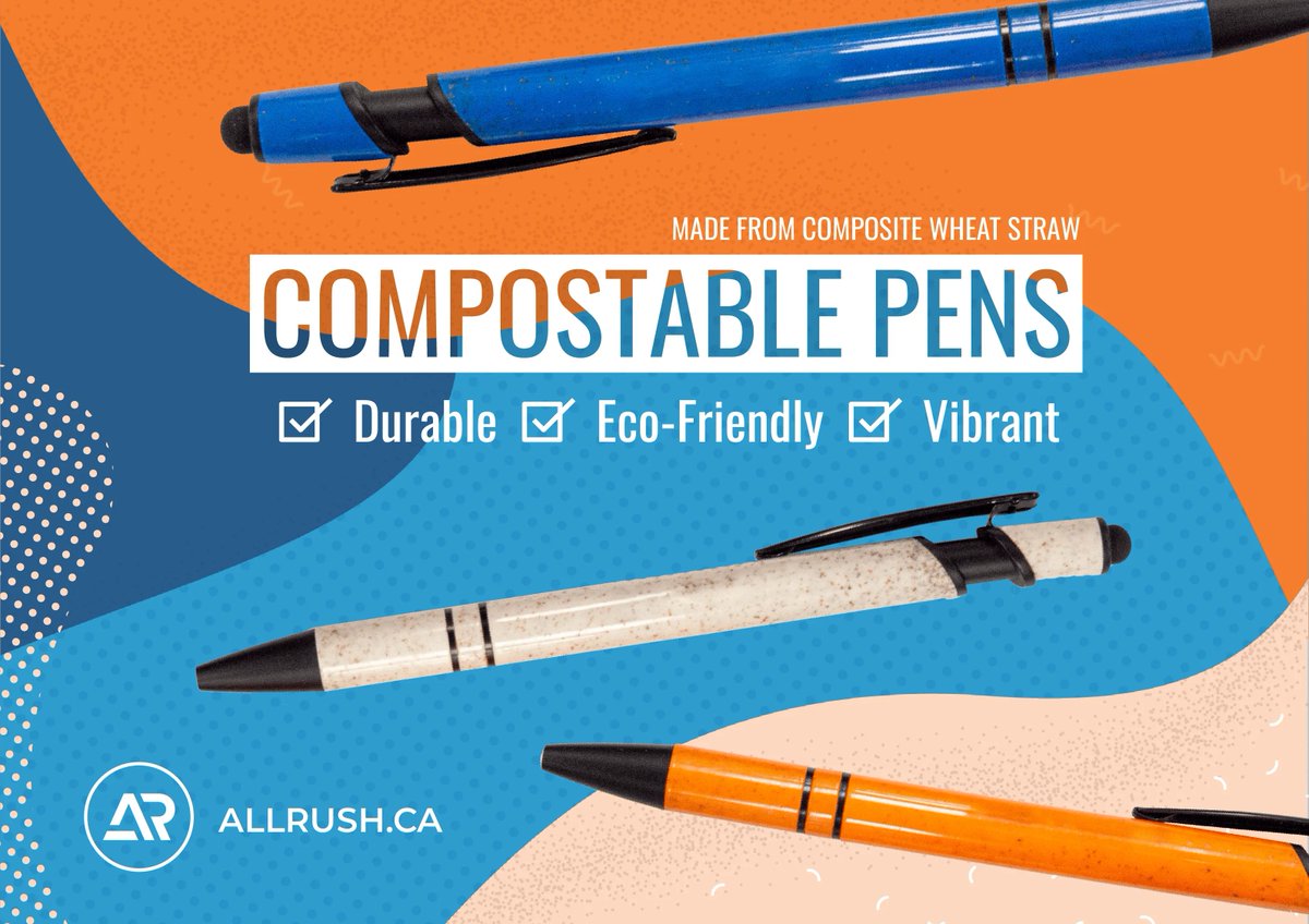 AllRush's tweet photo. Switch to compostable pens made from plants and natural ink. They are biodegradable, eco-friendly, and write smoothly. Customize them with your logo or message. Check out some options @ https://t.co/mMjTl1QHm4 #EcoFriendly #ZeroWaste #custompens #yyc #brand #promo https://t.co/UjlBoY3yaU