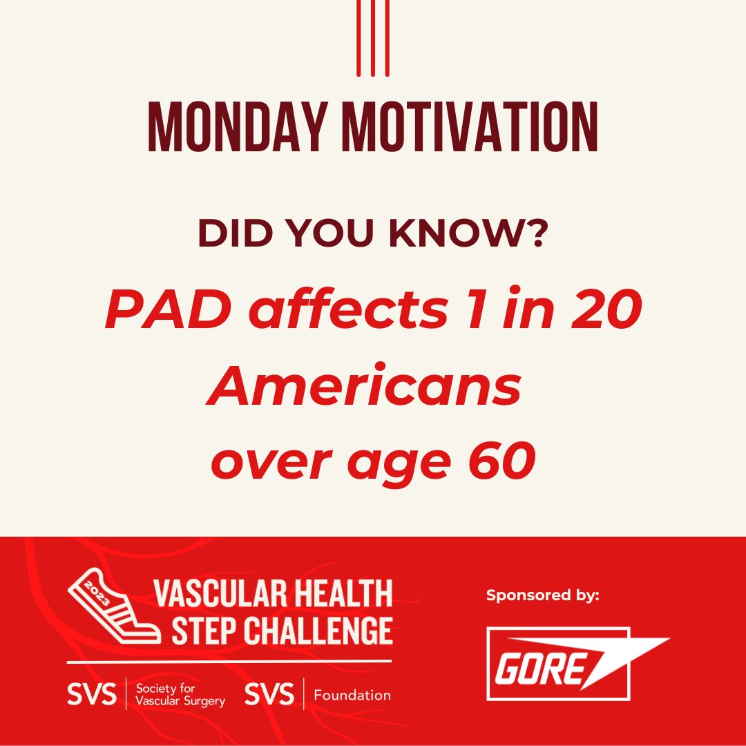 This #MondayMotivation is brought to you by Gore! Did you know PAD affects 1 in 20 Americans over age 60? The good news is that walking an average of 30 minutes or more each day can lower the risk of PAD. 
Join the challenge today. charityfootprints.com/Vascular/?cf_s…
