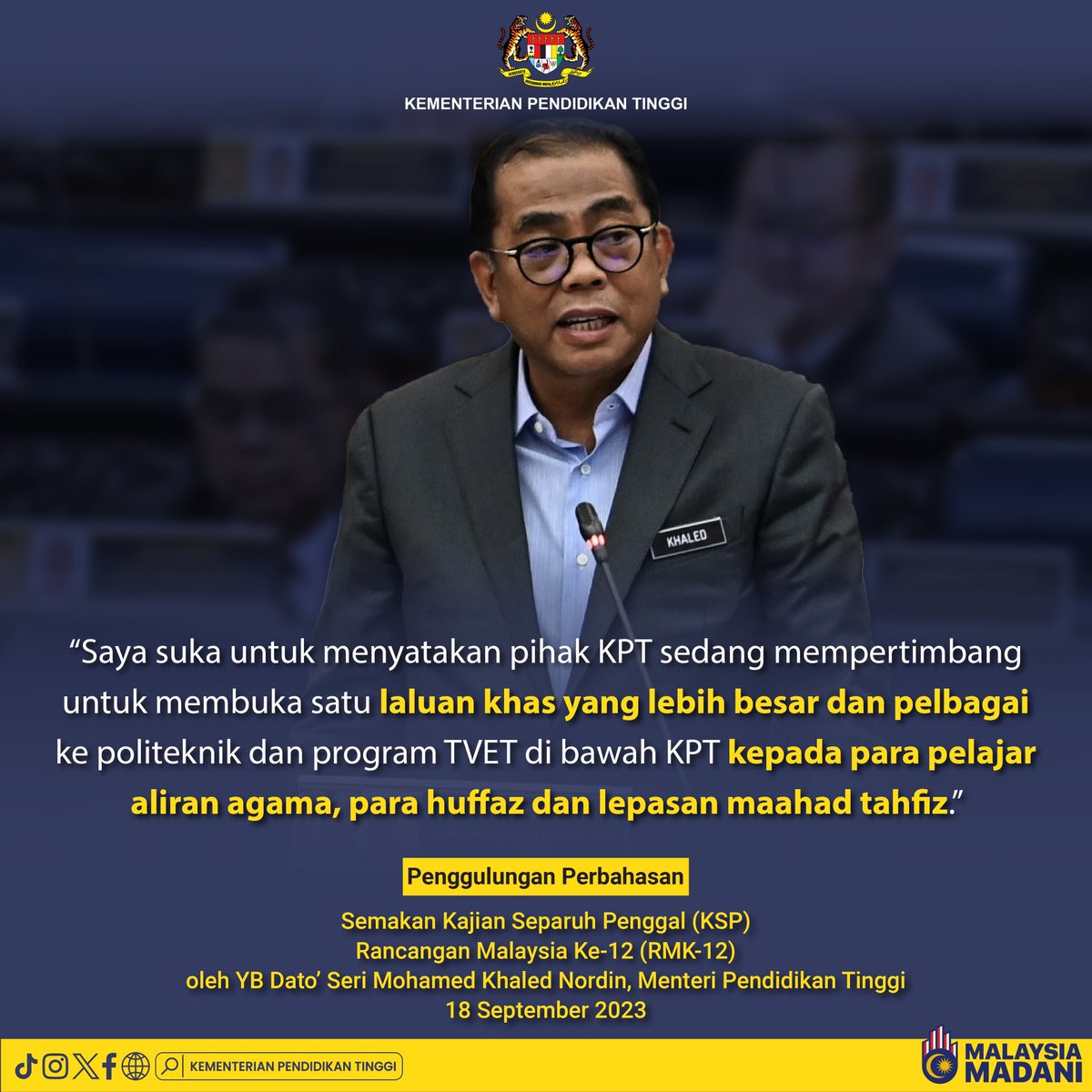 MOHEOfficial's tweet photo. “Saya suka untuk menyatakan pihak KPT sedang mempertimbang untuk membuka satu laluan khas yang lebih besar dan pelbagai ke politeknik dan program TVET di bawah KPT kepada para pelajar aliran agama, para huffaz dan lepasan maahad tahfiz.” https://t.co/NcEZ1QQOp2