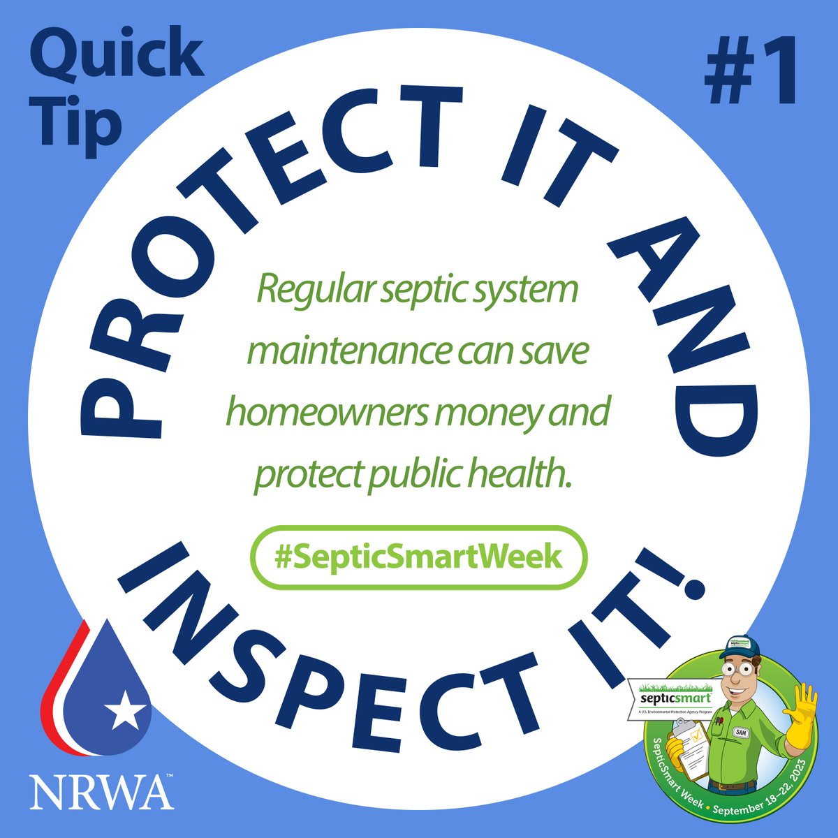 National Rural Water Association (@nrwa) on Twitter photo Today <a href="/EPAwater/">U.S. EPA Water</a> is kicking off #SepticSmart Week! Look for our #QuickTips to stay #SepticSmart year-round
#QuickTip #1: Protect It and Inspect It! Regular #septicsystem maintenance
can save homeowners money and protect #publichealth
pulse.ly/k6z2o8kbm0 Today <a href="/EPAwater/">U.S. EPA Water</a> is kicking off #SepticSmart Week! Look for our #QuickTips to stay #SepticSmart year-round
#QuickTip #1: Protect It and Inspect It! Regular #septicsystem maintenance
can save homeowners money and protect #publichealth
pulse.ly/k6z2o8kbm0