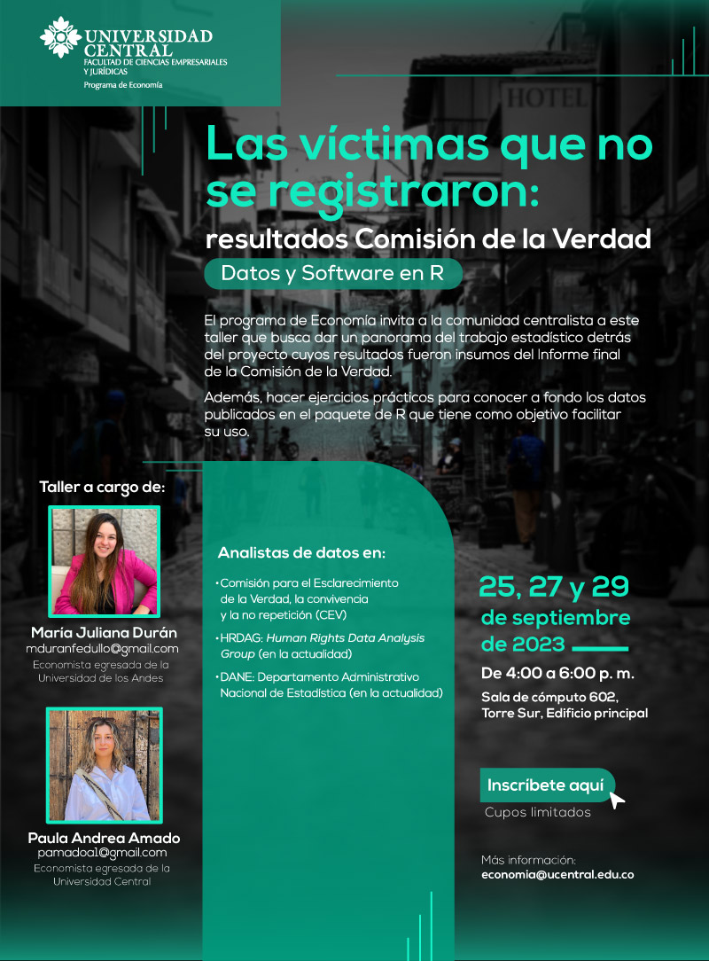 On Sept. 25, 27, 29 check out  HRDAG's María Juliana Durán and Paula Amado as they present at <a href="/ucentralbogota/">Universidad Central</a> on the results of the Colombian Truth Commission.