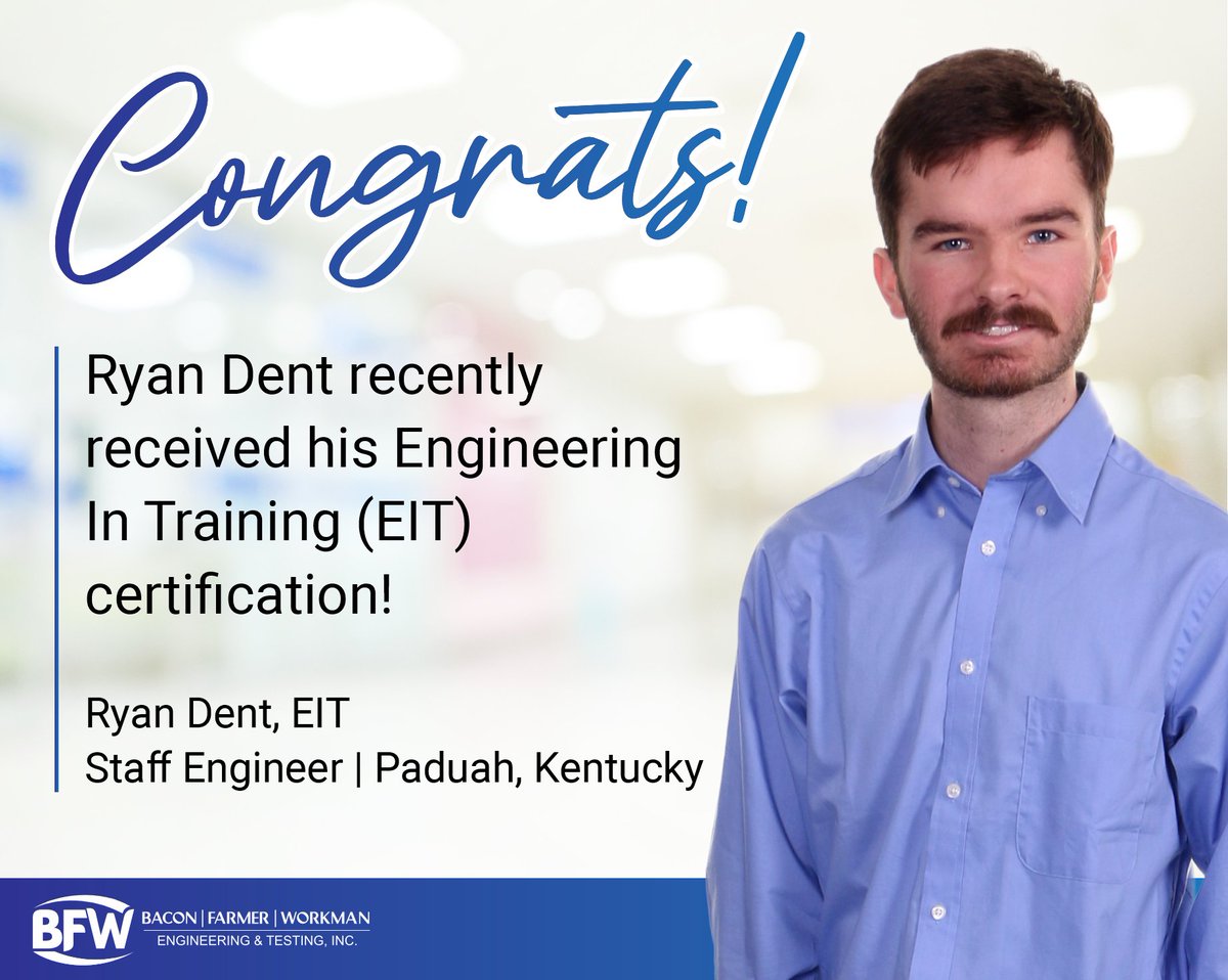 BFW_Engineering's tweet photo. Congratulations Ryan!

The EIT License and Certification is a professional designation you receive after passing the NCEES FE exam (Fundamentals of Engineering exam). “EIT” is an acronym that stands for Engineer-in-Training.
#bfwmarcum #EngineerInTraining https://t.co/ylw6L8mtqE