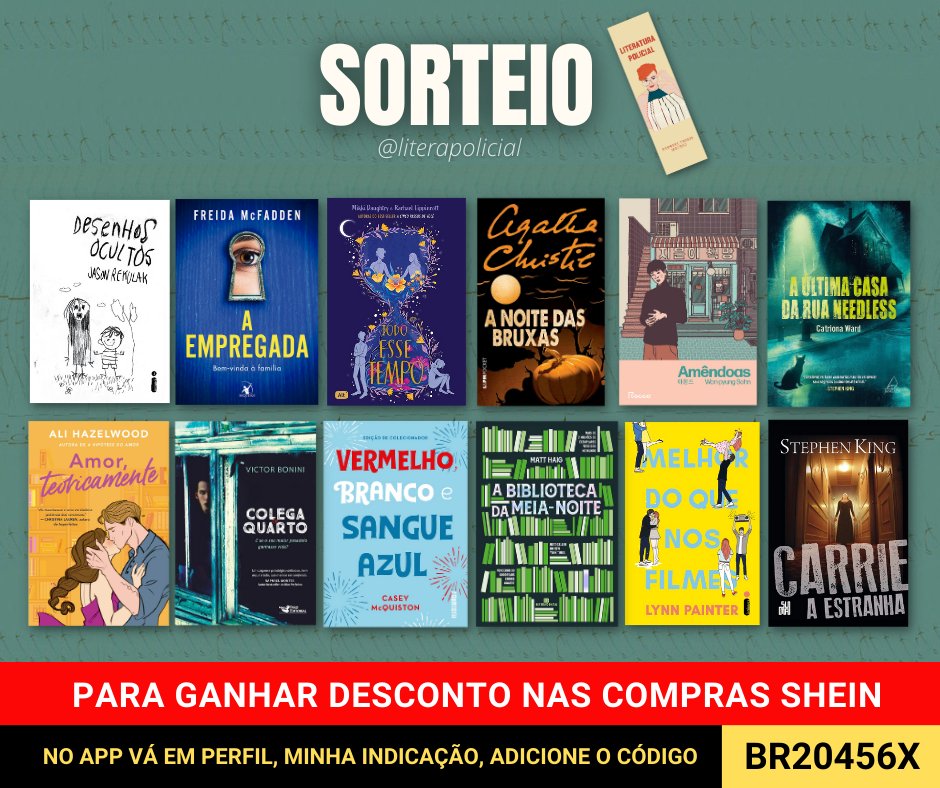 literapolicial's tweet image. SORTEIO - Valendo um dos livros da promo + 1 marcador exclusivo do Literatura Policial.

➡ REGRAS
• Seguir @literapolicial
• Curtir e RT nesse tweet
⚠ RT NO TWEET FIXADO
⚠ Comentar o livro que quer ganhar

✅ Resultado: 24/09
🛍️ DESCONTO R$10 na Shein - Use o código BR20456X