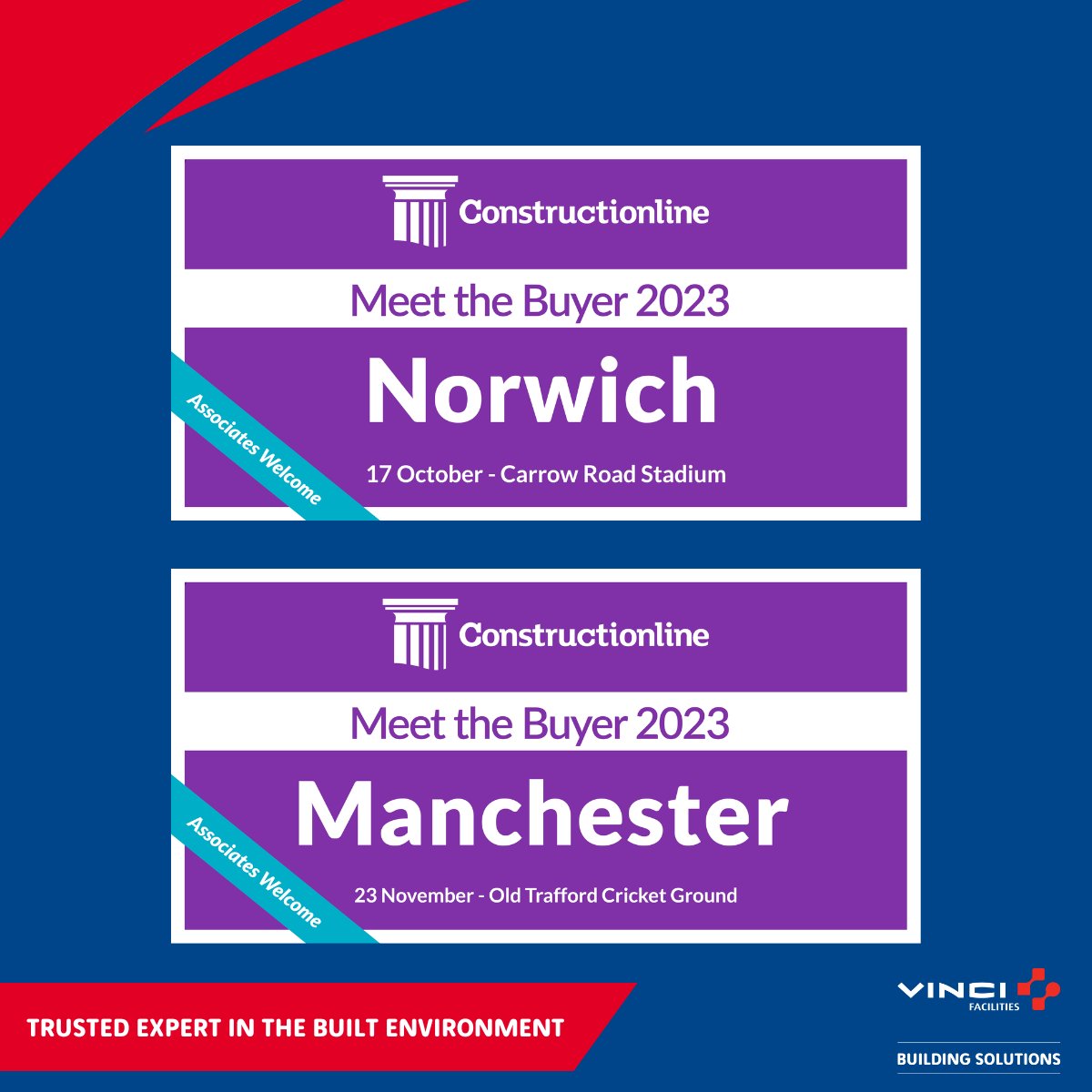Save the date in your diaries and register for <a href="/constructline/">Constructionline</a>'s Meet the Buyer events!

Come and visit us in both Norwich and Manchester:

Norwich - ow.ly/8XyJ50MC072

Manchester - ow.ly/ug5350MC073

#MeetTheBuyer #Construction #SupplyChain
