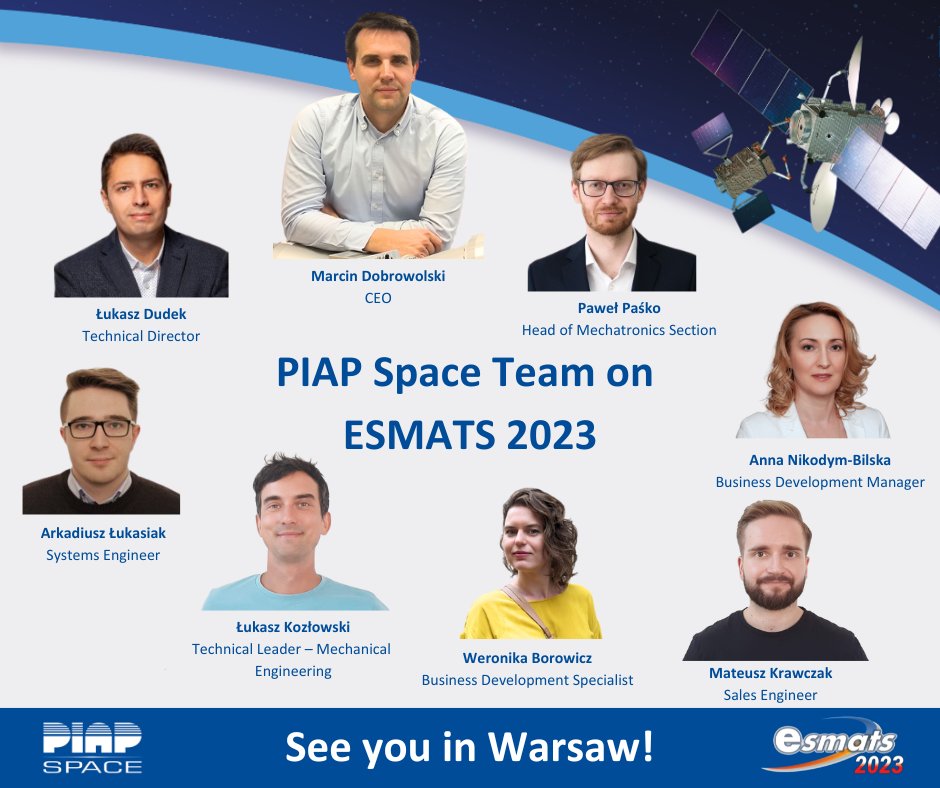 PIAP_Space's tweet photo. PIAP Space's team will be attending the ESMATS 2023 conference.
You can find us at the thematic sessions and at stand 14. See you in Warsaw!
@esa @astronika_space @polinmuseum @PIAP_Space 
#esmats #mechanisms #piapspace #tribology https://t.co/QWtqhjwrUg
