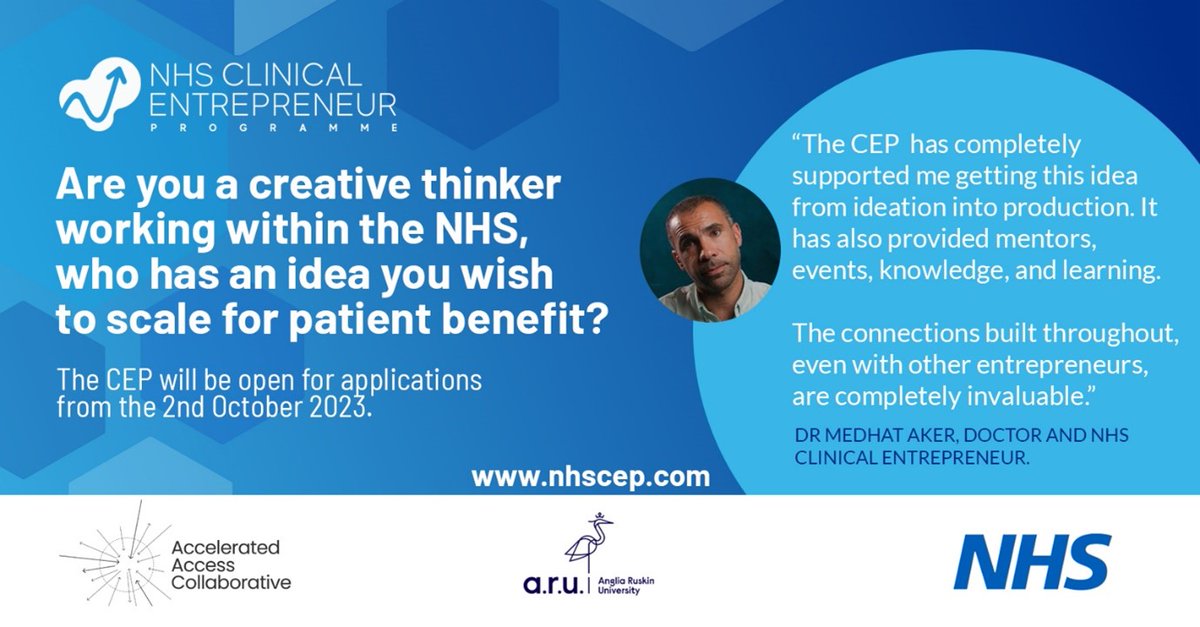 NHS Clinical Entrepreneur Programme (@nhs_cep) on Twitter photo Are you an NHS staff member and creative thinker who has an idea you would like to scale for patient benefit? The #NHSCEP is the opportunity for you! Applications open 2nd October 2023.
<a href="/DrTonyYoung/">Tony Young</a> <a href="/AACinnovation/">Accelerated Access Collaborative</a> <a href="/NHSEngland/">NHS England</a>
#NHS #community #learning #workforcedevelopment Are you an NHS staff member and creative thinker who has an idea you would like to scale for patient benefit? The #NHSCEP is the opportunity for you! Applications open 2nd October 2023.
<a href="/DrTonyYoung/">Tony Young</a> <a href="/AACinnovation/">Accelerated Access Collaborative</a> <a href="/NHSEngland/">NHS England</a>
#NHS #community #learning #workforcedevelopment