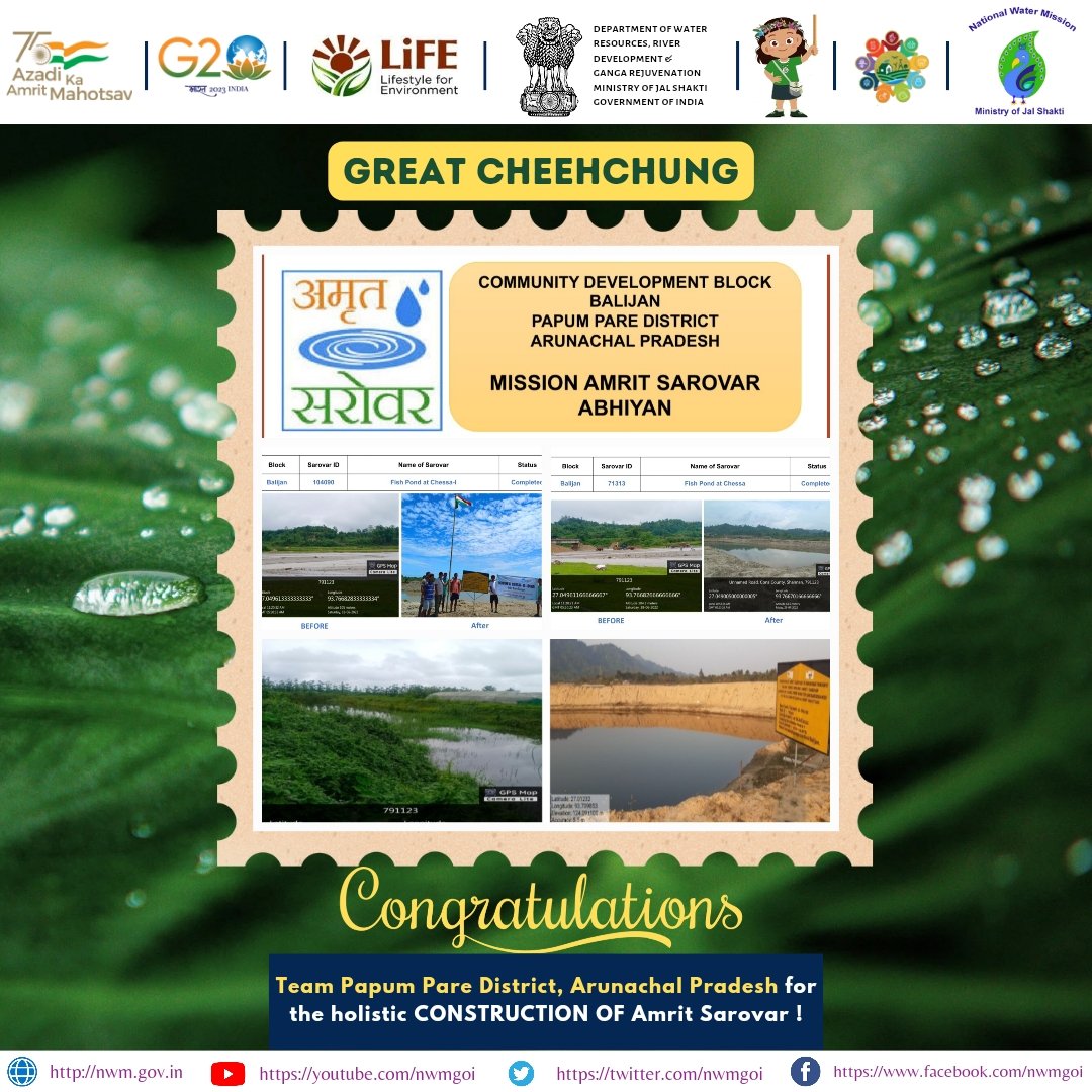 nwmgoi's tweet image. Congratulations to Team #PapumPare District, Arunachal Pradesh for the *Amrit Sarovar* and special acknowledgement to @DA_PapumPare , Cheechung Chukhu
Kudos 👏 

#DMPapumPare
#JSACTR2023 #JalShaktiAbhiyan 
#WaterConservation