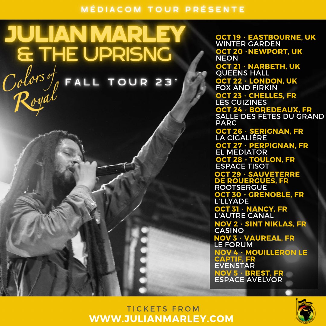 Greetings People, Myself and the Uprising are happy to announce that’s we are bringing our Color’s of Royal Tour to the U.K. and France this fall. Ticket available at julianmarley.com #bobmarley #reggaemusic #reggae