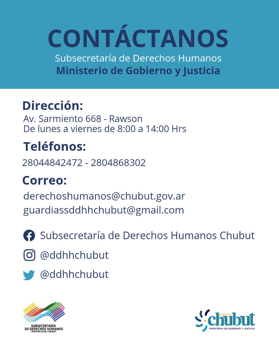 DDHHChubut's tweet image. ▶️ #DDHH | 📣Te invitamos a conocer las áreas de la Subsecretaria de Derechos Humanos de la provincia del Chubut. Para asesoramiento, consultas y/o denuncias, comunicate con nosotrxs.

#Chubut 
#EstamosParaAyudarte

📷 👇🏼