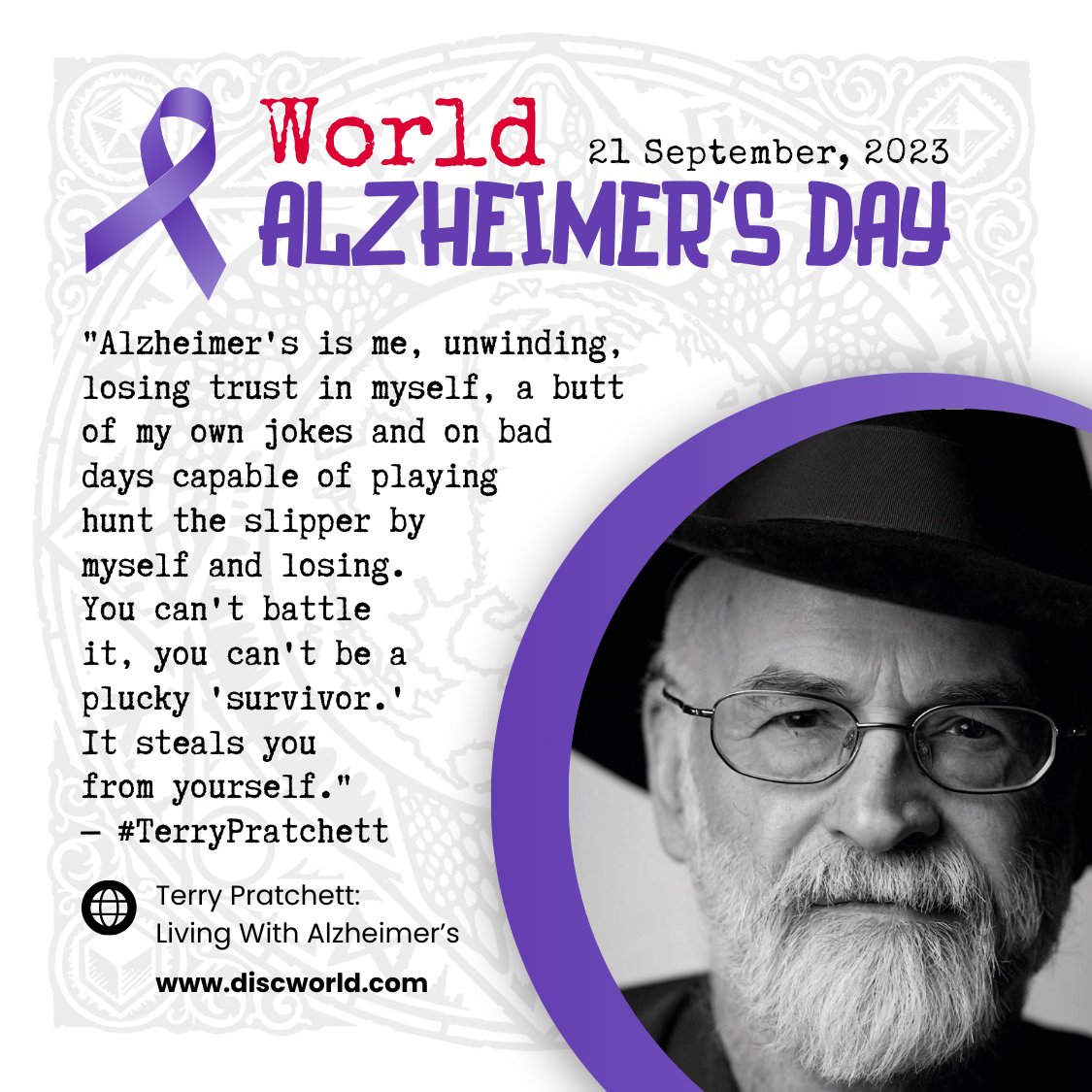 'Alzheimer's is me, unwinding, losing trust in myself, a butt of my own jokes and on bad days capable of playing hunt the slipper by myself and losing. You can't battle it, you can't be a plucky 'survivor.' It steals you from yourself.' — #terrypratchett bit.ly/Living-With-Al…
