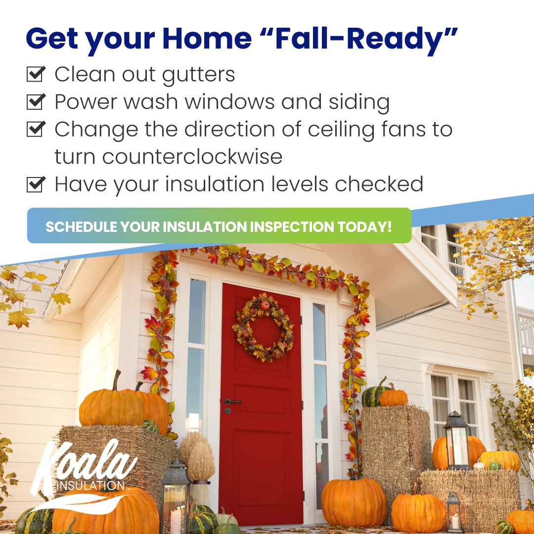 It's time to get your home ready for fall!

Call Koala today to have your insulation levels checked. It's free, easy, and will save your comfort and pocket book this winter!
314-279-5064
koalaSTL.com
#fall #todolist #insulation #airsealing #homeimprovement #saintlouis