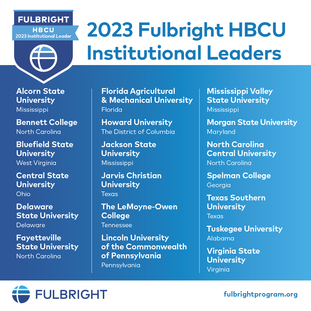 We are pleased to announce the 2023 Fulbright #HBCU Institutional Leaders! This year, the @StateDept's Bureau of Educational and Cultural Affairs (ECA) is recognizing 19 institutions for their noteworthy engagement with the #Fulbright program. fulbrightprogram.org/fulbright-hbcu… @ECAatState