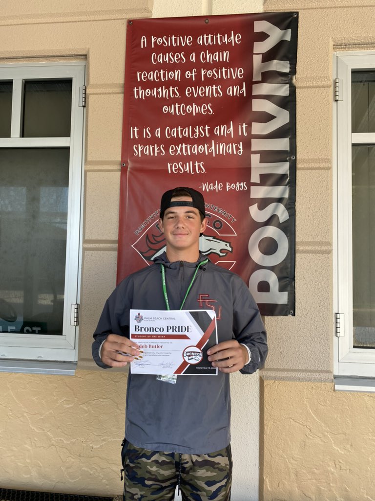 Congratulations to Caleb Butler our Bronco PRIDE student of the week! Caleb is our starting quarterback and shows Bronco PRIDE on and off the field! #broncoPRIDE #studentoftheweek #pbis