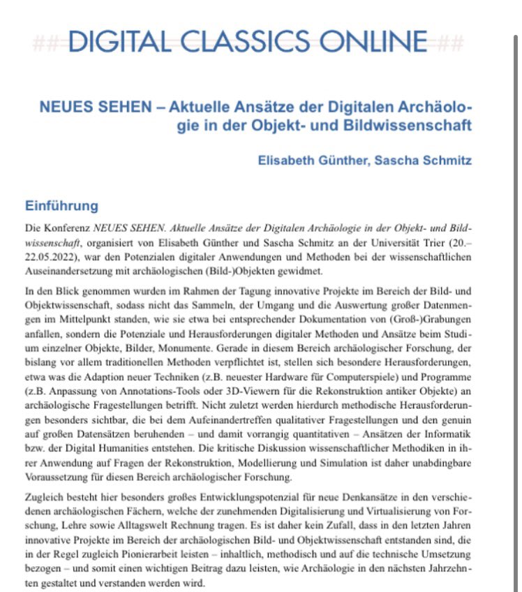 Elisabeth Günther (@elisabethgnthe4) on Twitter photo Hot off the press: Digitale Archäologie in der universitären Lehre, DCO 9 <a href="/Alcmaion/">Charlotte Schubert</a>: Proceedings of a conference <a href="/KlarTrier/">Klassische Archäologie Trier</a> <a href="/TrierUni/">Universität Trier</a>
NEUES SEHEN - aktuelle Ansätze der Digitalen Archäologie in der Objekt- und Bildwissenschaft. journals.ub.uni-heidelberg.de/index.php/dco/… <a href="/UVerstegen/">Ute Verstegen find me on bsky</a> <a href="/bruenenberg/">Clemens Brünenberg</a> Hot off the press: Digitale Archäologie in der universitären Lehre, DCO 9 <a href="/Alcmaion/">Charlotte Schubert</a>: Proceedings of a conference <a href="/KlarTrier/">Klassische Archäologie Trier</a> <a href="/TrierUni/">Universität Trier</a>
NEUES SEHEN - aktuelle Ansätze der Digitalen Archäologie in der Objekt- und Bildwissenschaft. journals.ub.uni-heidelberg.de/index.php/dco/… <a href="/UVerstegen/">Ute Verstegen find me on bsky</a> <a href="/bruenenberg/">Clemens Brünenberg</a>
