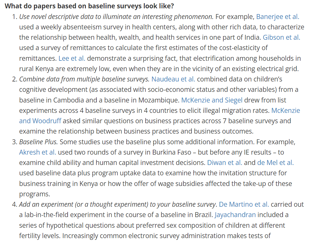 When is a baseline more than a baseline? blogs.worldbank.org/impactevaluati… Below are four ways that scholars have used baseline surveys to produce studies.